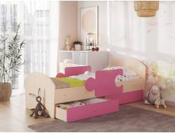 Кровать Мозаика с бортиками и ящиком млечный дуб с розовым