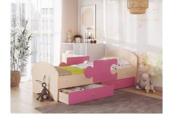 Кровать Мозаика с бортиками и ящиком млечный дуб с розовым