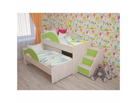 Кровать 2-х ярусная выкатная с ящиком и лестницей Радуга салатовый