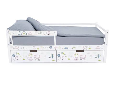 Кровать-тахта Svogen с ящиками и бортиком с фотопечатью белый/лисята