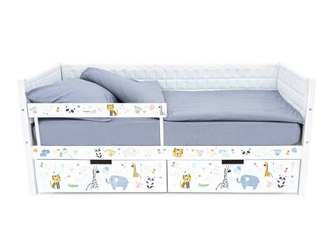 Кровать-тахта Svogen мягкая с ящиками и бортиком с фото белый/зверята