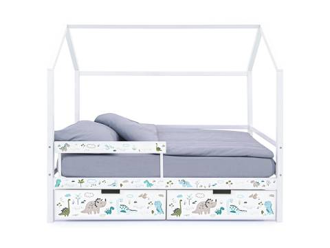 Кровать-домик Svogen с фото с ящиками и бортиком белый/динозаврики