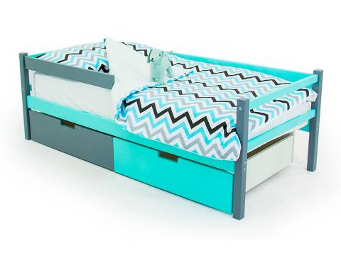 Кровать-тахта Svogen с ящиками и бортиком графит-мятный