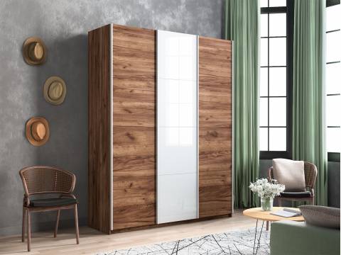 Шкаф-купе Прайм 3-х дверный 2100 ДСП/Стекло Белое/ДСП Крафт табачный