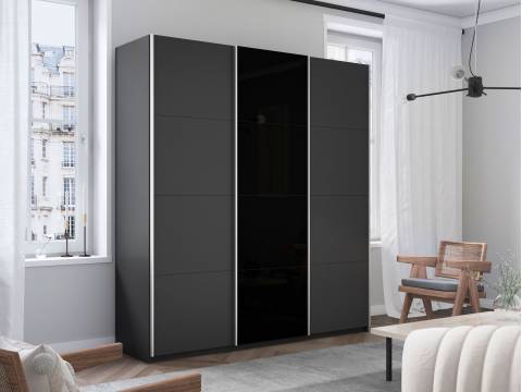 Шкаф-купе Прайм Широкий 3-х дверный два ДСП/Стекло Черное Серый Диамант