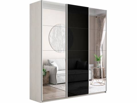 Шкаф-купе Прайм Широкий 3-х дверный два зеркала/стекло черное Ясень Анкор Светлый