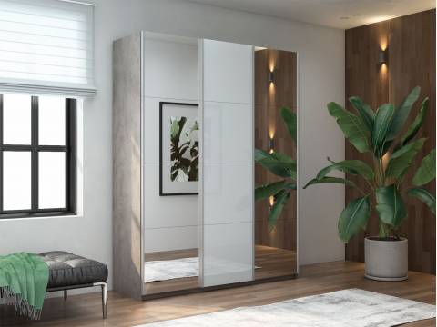 Шкаф-купе Прайм Широкий 3-х дверный два зеркала/стекло белое Бетон