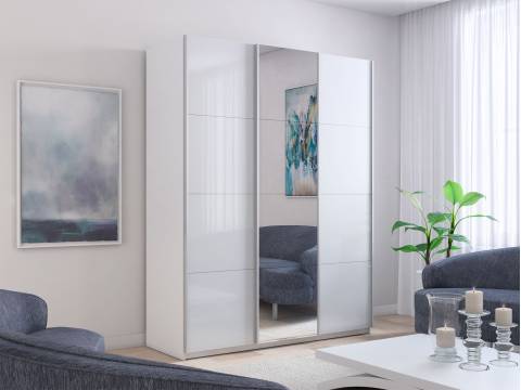 Шкаф-купе Прайм Широкий 3-х дверный два белых стекла/зеркало Белый Снег