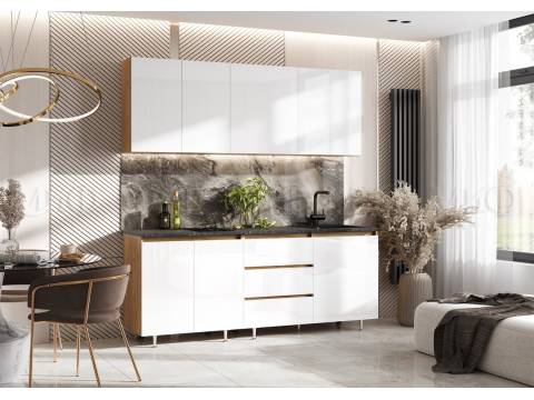 Кухня Челси 2000 мм Компановка №2 Белый глянец холодный, Дуб Крафт (Кастилло)